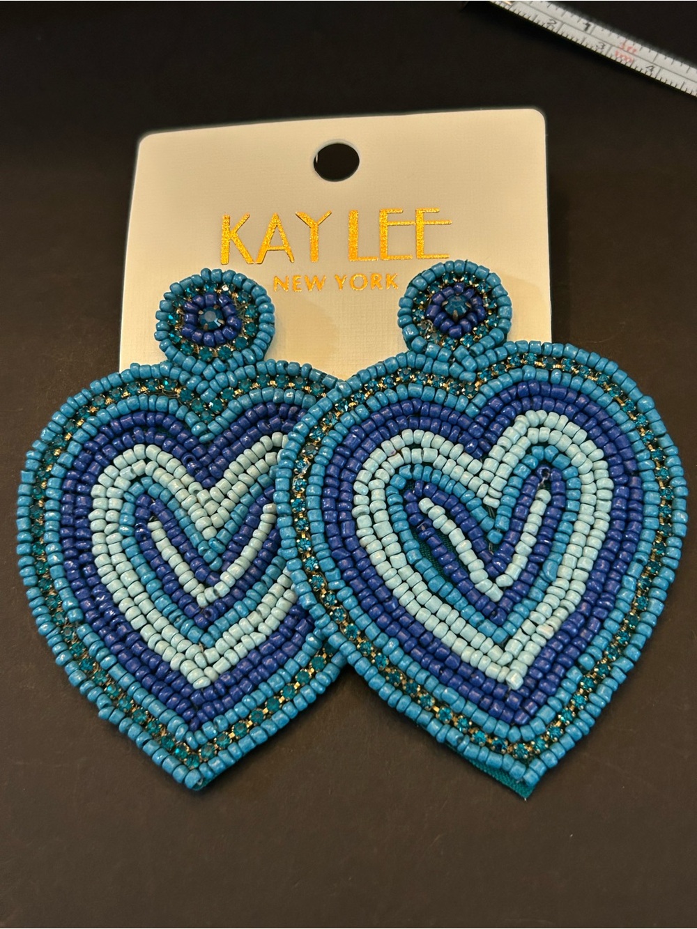 Kay Lee Blue Hand Crafted Boho Design Beaded Heart 💙 Drop Earrings